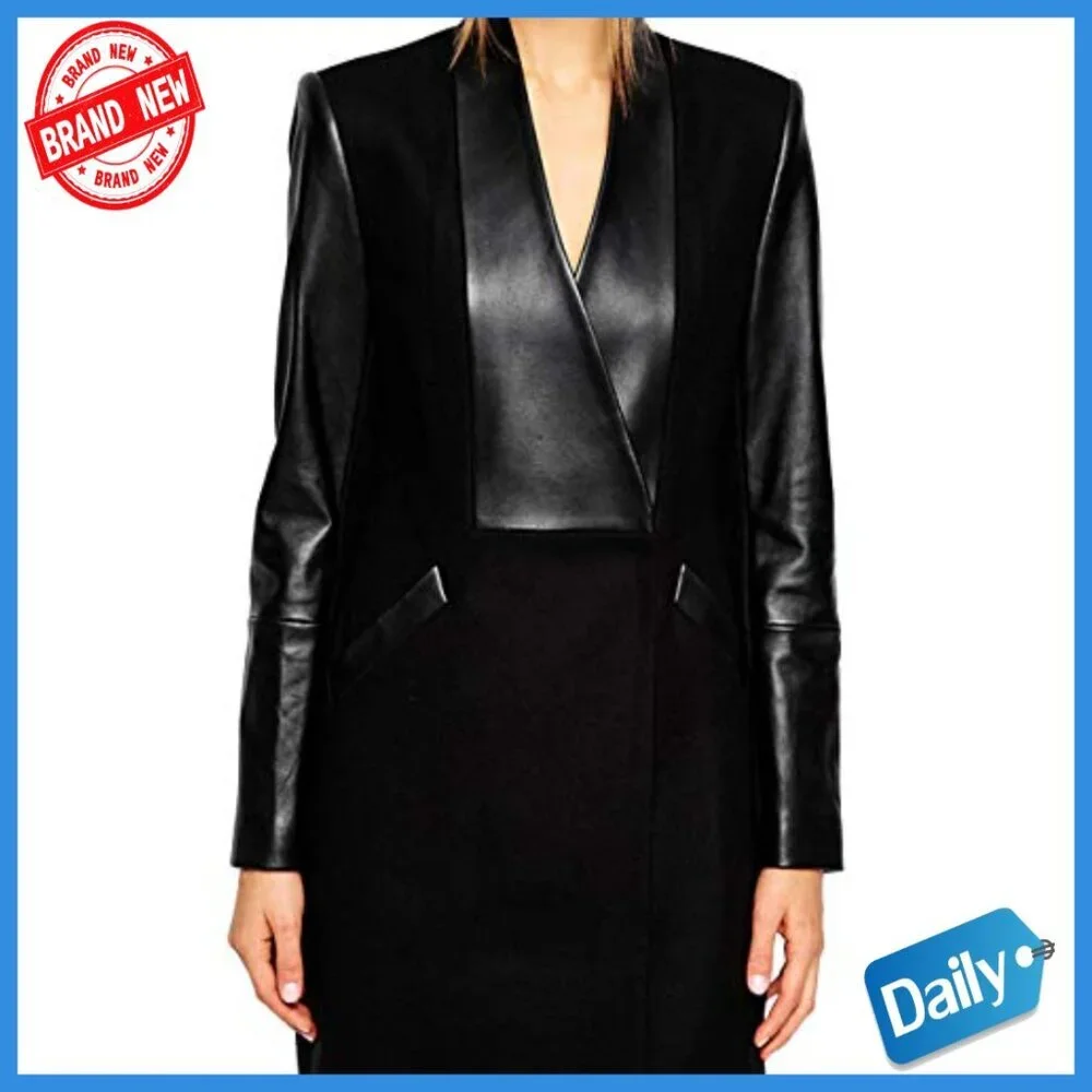 Faux Leather Woolen Trench Coat Double Breasted Patchwork Slim Fit Jacket - Picture 4 of 4